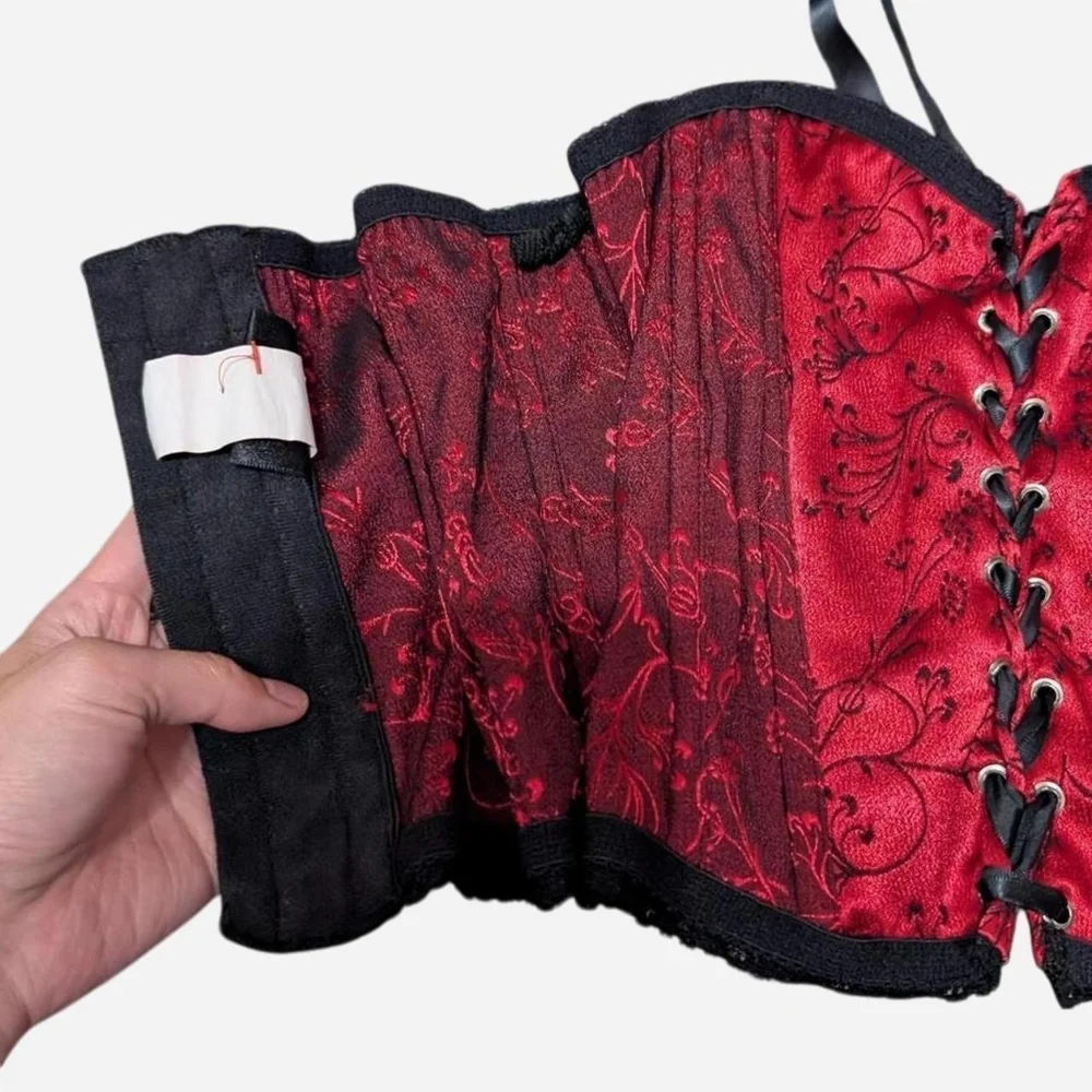 Fredericks of Hollywood Gothic Black and Red Floral Pattern Lace-Up Bustier - Picture 5 of 8